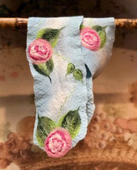 Agnes Foss - Felted Merino Scarf - Pink Roses on Blue Background 